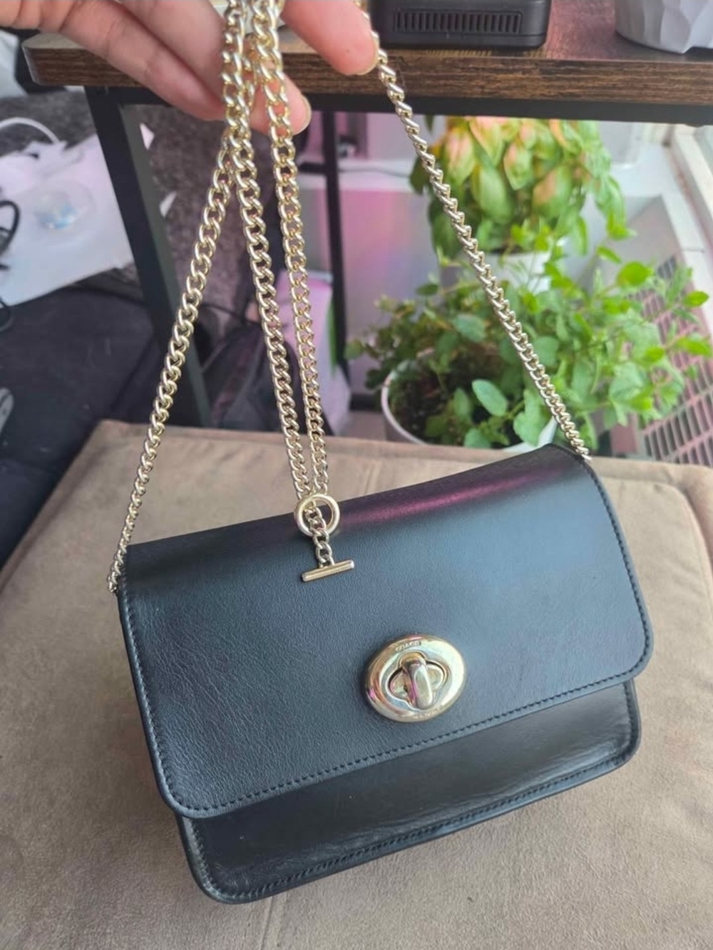 Coach Black Leather Crossbody Bag with Gold Chain